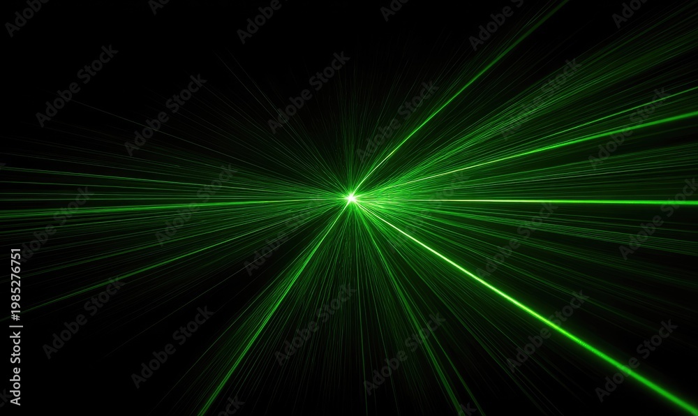 Naklejka premium Intense green laser light bursts from a central point, forming radial beams