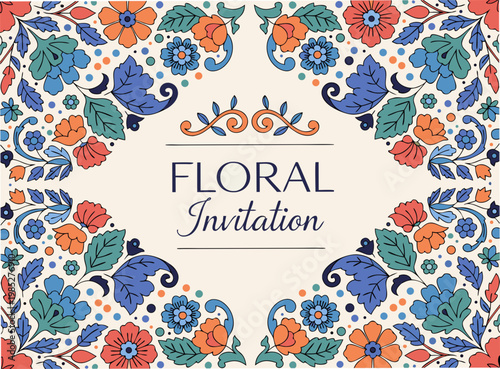 Modern Folk Art Illustration of a Floral Envelope with Symmetrical Flower Border