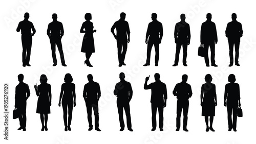 A collection of black silhouettes depicting diverse people standing in various poses and attire high quality