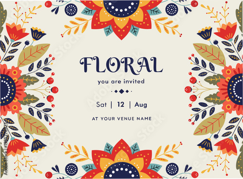 Modern Folk Art Illustration of a Floral Envelope with Symmetrical Flower Border