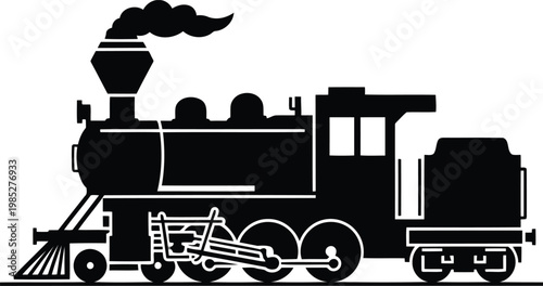 black silhouette of a vintage steam locomotive train engine with smoke
