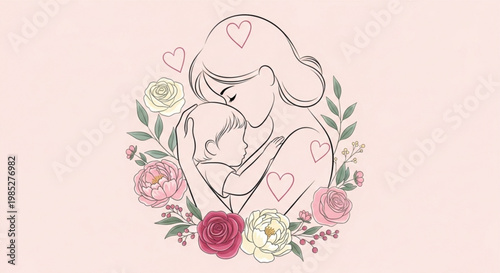 Mother tenderly hugging her baby surrounded by colorful flowers and hearts on soft pink background