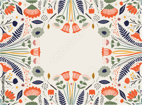 Modern Folk Art Illustration of a Floral Envelope with Symmetrical Flower Border