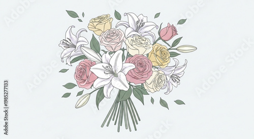 Bouquet of mixed flowers including roses lilies and tulips in pastel shades on light background