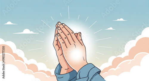 Praying hands with glowing light palms together in prayer serene sky background with clouds