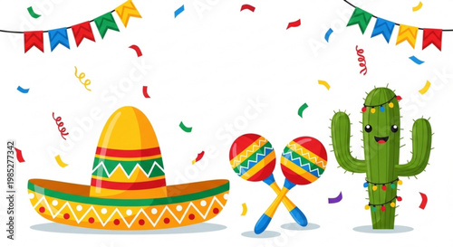 Vibrant mexican fiesta elements with sombrero maracas and cactus on white background with colorful confetti and banners