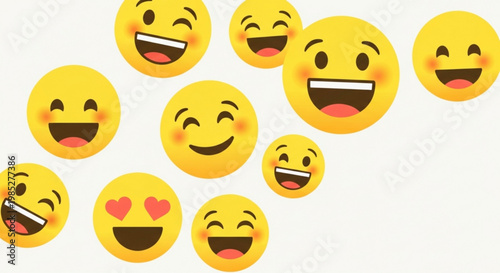Collection of laughing emojis with various happy faces on white background expressing joy and positivity