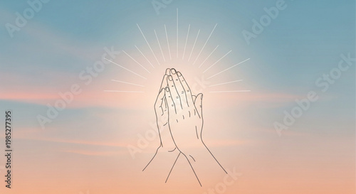 Praying hands in prayer with glowing sunburst on serene blue and orange sunset background