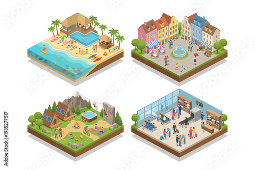 Isometric illustrations showcasing different recreational and travel destinations for leisure
