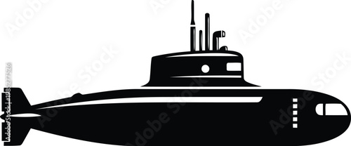 black silhouette of a submarine on a white background for design and editorial use