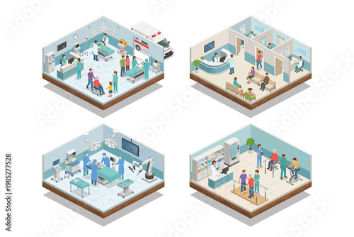 Isometric hospital rooms showcasing medical care, surgery, and patient recovery