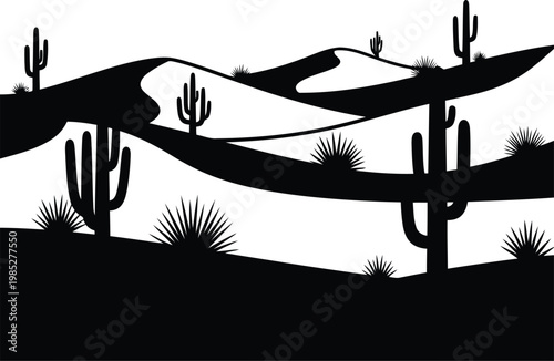 Desert landscape with cacti and hills silhouette, black and white illustration, desert plants