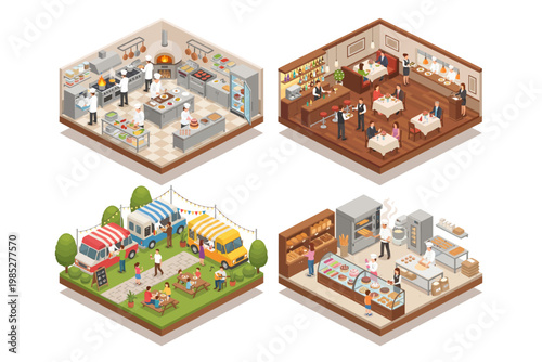 Isometric food and drink establishments, from kitchens to bakeries and food trucks