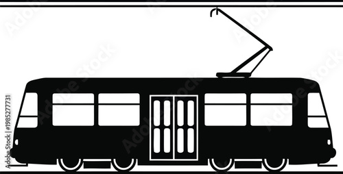 Black silhouette of a modern city tram or streetcar on a white background