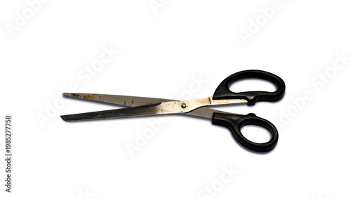 Old Used Universal Scissors with Black Handles Isolated on Transparent Background