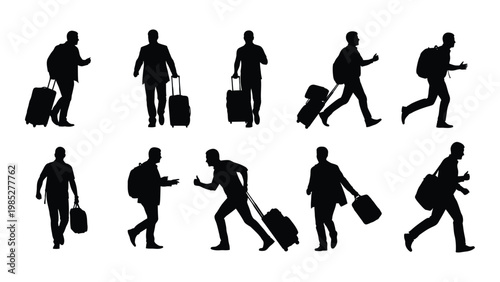 A collection of black silhouette figures depicting people traveling with luggage and backpacks high quality professional
