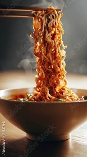 Hot Chinese noodles lifted from bowl with steam and rich sauce, traditional Asian cuisine, delicious street food and authentic China dining experience.