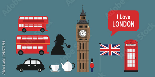 Collection of London symbols including double decker bus, black cab, Big Ben and British flag.
