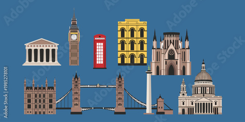 Set of london landmarks and buildings in flat design on blue background.