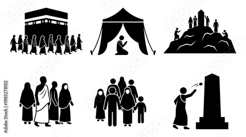 Silhouette icon set of Islamic hajj pilgrimage rituals showing pilgrims performing tawaf around kaaba, praying at arafat mount, mina tent, and stoning the devil jamarat vector.