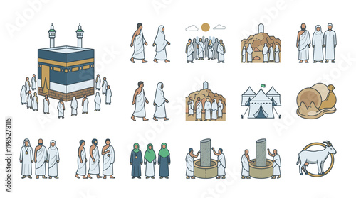 Flat line hajj pilgrimage vector icons with kaaba, ihram pilgrims, arafat mount, mina tents, jamarat stoning, and animal sacrifice for islamic religious holy travel illustration.