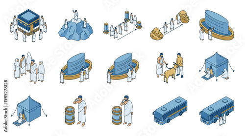 Isometric hajj pilgrimage vector icons set with kaaba tawaf, jamarat stoning, safa marwah, arafat mountain, mina tent, animal sacrifice and zamzam for islamic holy journey design.