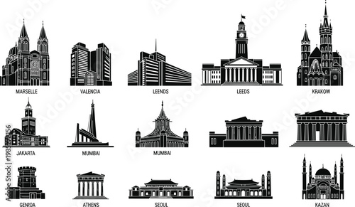 Set of stylized building icons from various cities around the world.