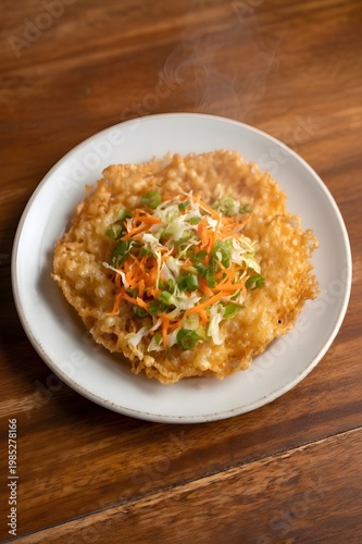 Crispy Thai Omelet with Fresh Vegetable Salad Topping on Rustic Wooden Table