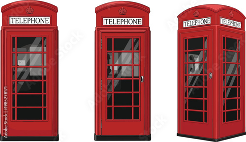 Three views of a traditional red telephone box, a classic british object.