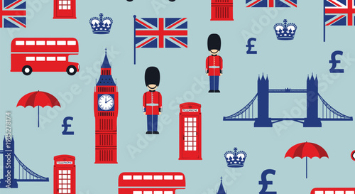 Seamless pattern of london symbols like big ben telephone box double decker bus.