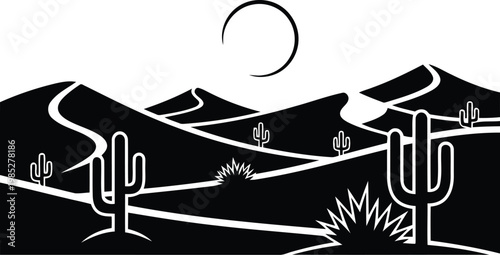 black and white desert landscape with cacti and moon
