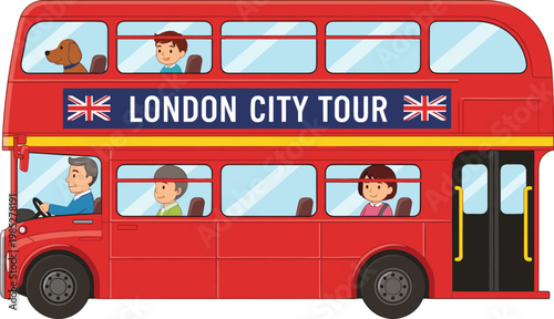 Red London city tour double decker bus with passengers, flat design vector.