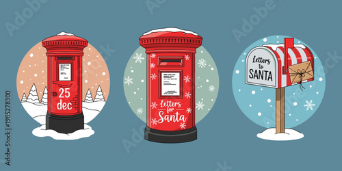 Collection of christmas post boxes with snow and snowflakes in cartoon style vector.