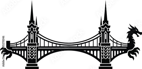 black silhouette of a fantasy bridge with dragon
