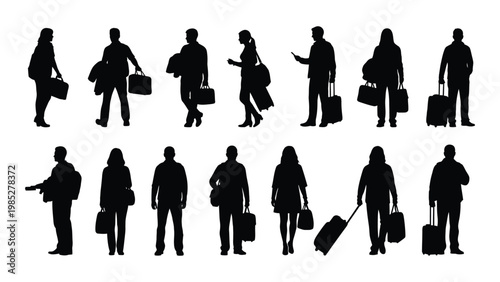 A collection of black silhouettes depicting people carrying shopping bags and luggage high quality professional detailed