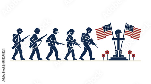 Memorial Day March of Soldiers Towards a War Monument