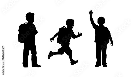 Set of school kid silhouettes with backpack running and raising hand isolated on white background