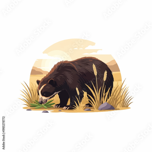 Flat illustration of a South American spectacled bear standing in a field of tall grass and rocks with a scenic mountain range and sunset background, isolated on a white background.