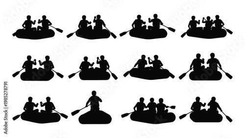 A collection of black silhouettes depicting groups of people rowing inflatable boats high quality professional detailed