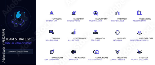 Team Strategy and HR Management Vector Icon Set, Minimalist Outline UI Elements for Corporate Synergy
