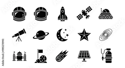 A collection of black silhouette icons related to space and astronomy objects