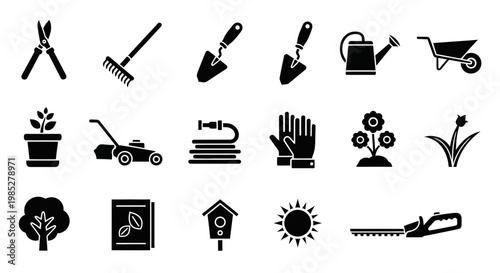 A collection of black silhouette icons representing gardening tools and nature elements