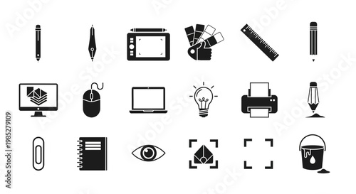 A grid of black icons representing design tools and office supplies