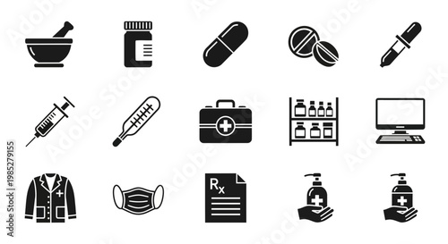 A grid of fifteen black and white medical and pharmacyrelated icons