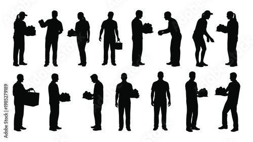A collection of black silhouette figures depicting people carrying baskets and packages high quality professional detailed