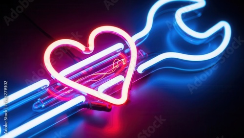 Vibrant neon heart and wrench symbols glowing in contrasting red and blue light on a dark background