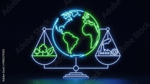 Neon glowing depiction of global environmental sustainability balancing nature and industry