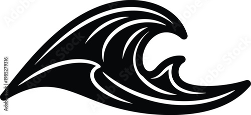 Black silhouette of a crashing ocean wave on white background