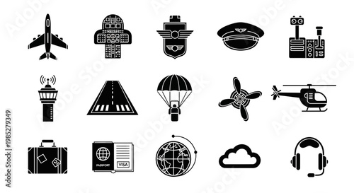 Black and white icons depicting aviation elements aircraft controls gear and infrastructure