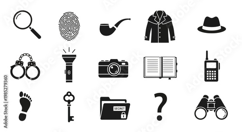 Black and white icons depicting detective and investigation tools arranged in three rows